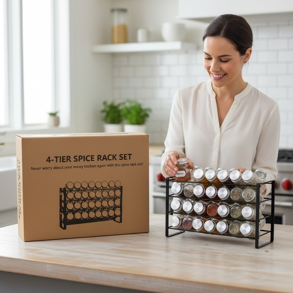 JONYJ Spice Rack Set 4-Tier 32 Bottles Black New Wall Mount Iron